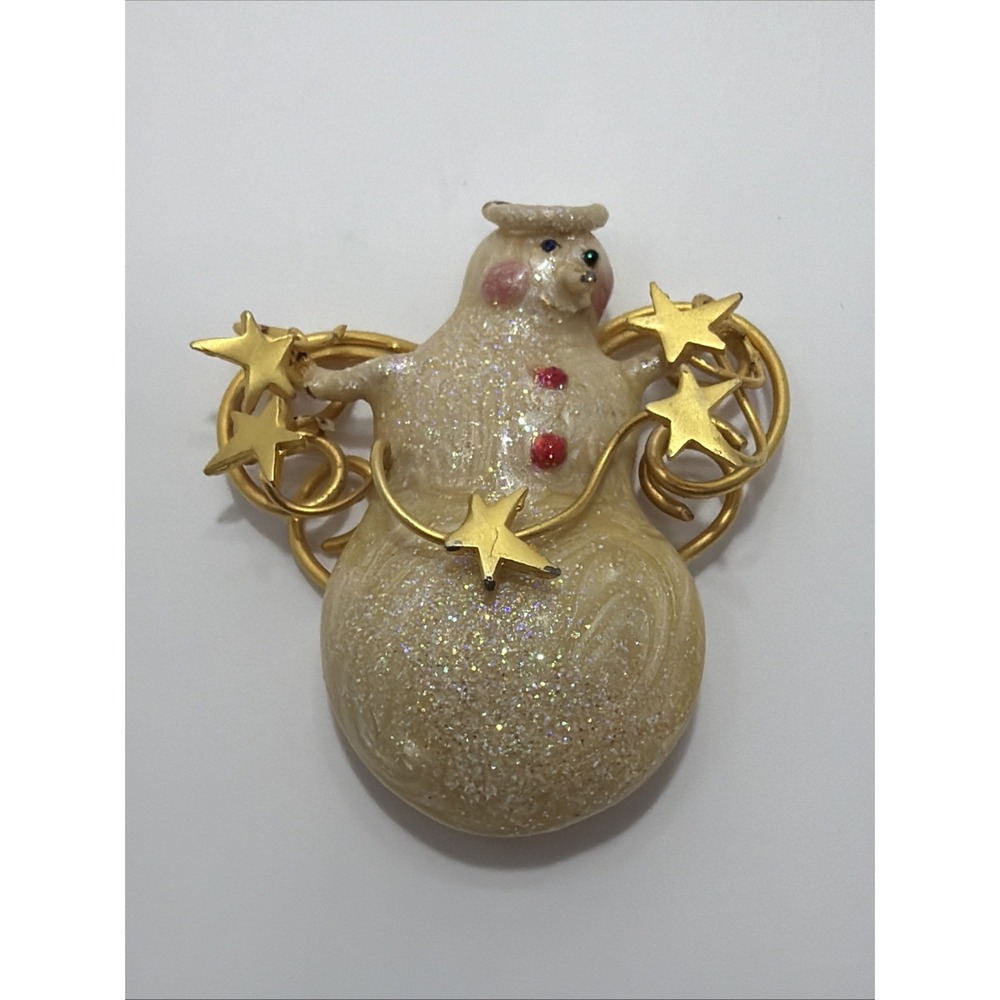 Vintage Christmas Angel Snowman Stars Brooch Pin Gold Tone White Enamel Glitter